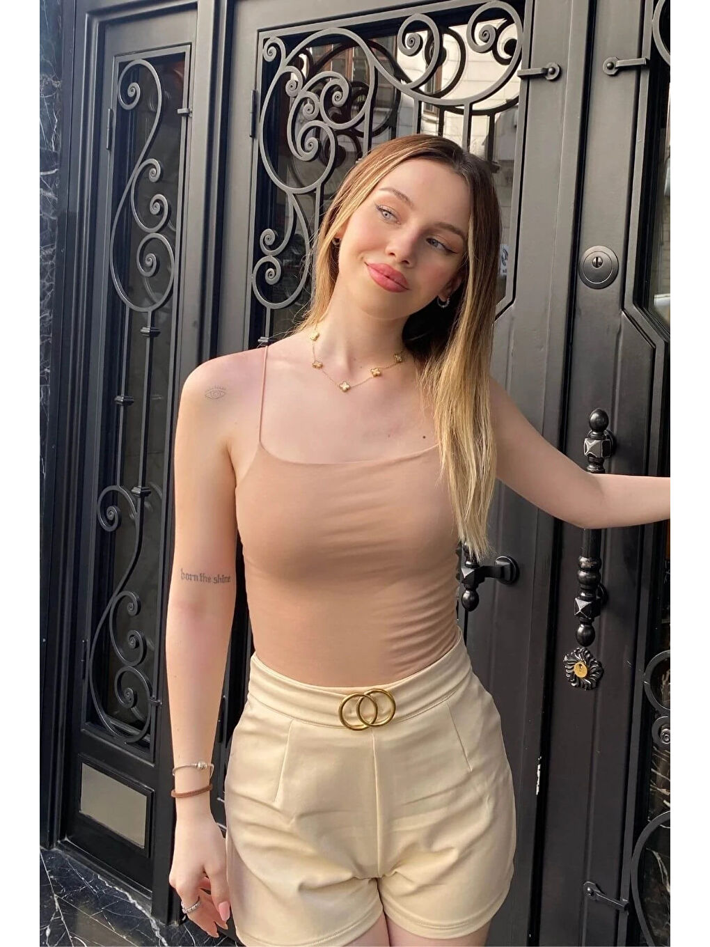 Kadın Bej İp Askılı Örme Body Bluz HZL24S-ZK11001