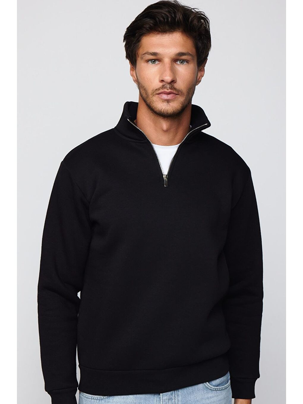 Karışık Unisex 3'Lü Paket Siyah-Saks Mavi-Bordo Relax Fit Pamuklu Yarım Fermuarlı Dik Yaka Sweatshirt-3