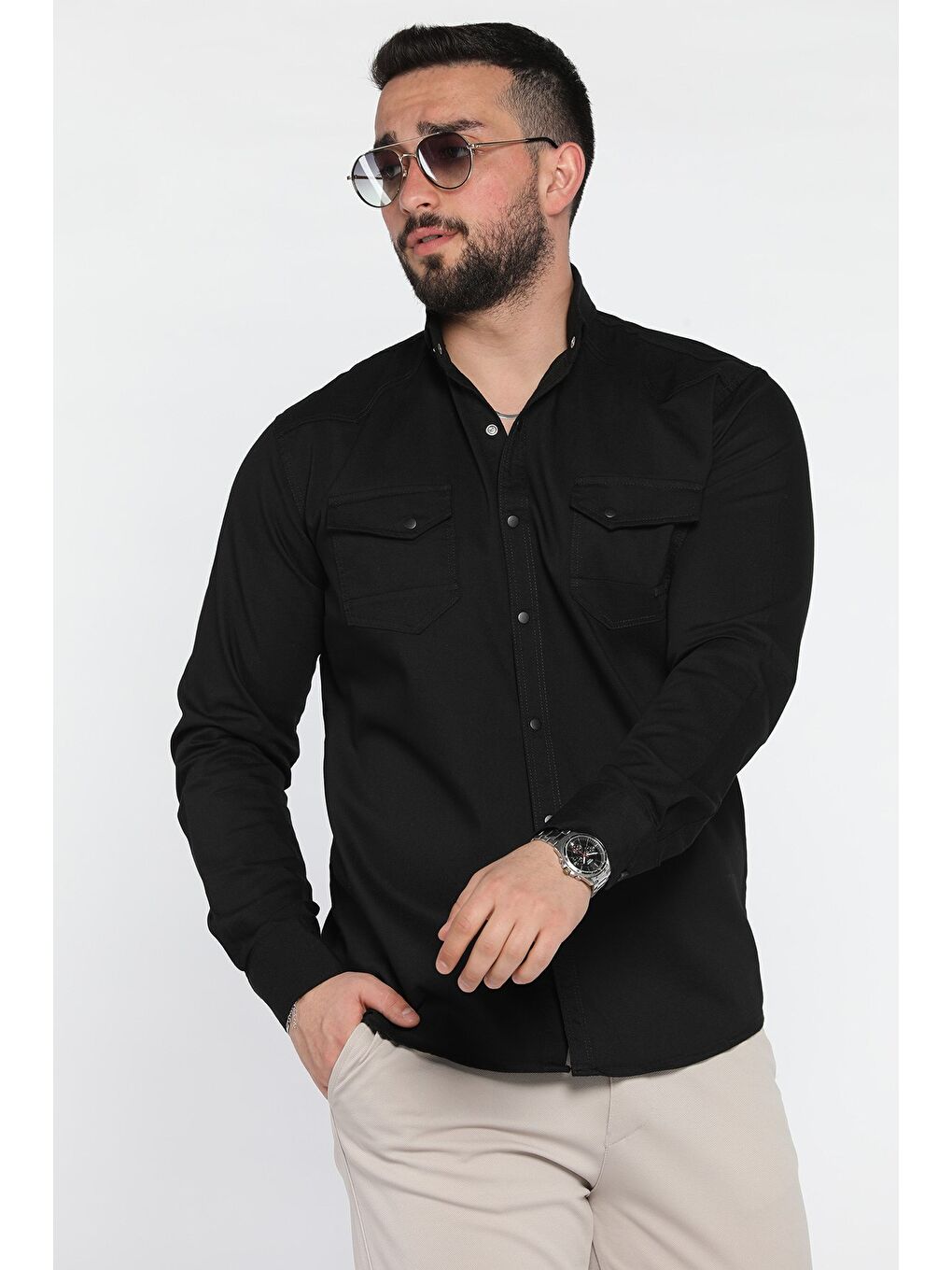 Siyah Erkek Cepli Çıtçıtlı Uzun Kol Gömlek-1