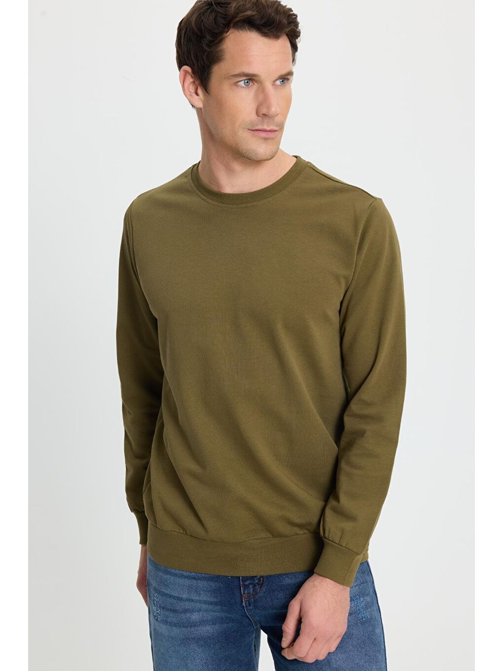 Erkek Relax Fit Rahat Kesim %100 Pamuk 2 İplik Bisiklet Yaka Haki Sweatshirt