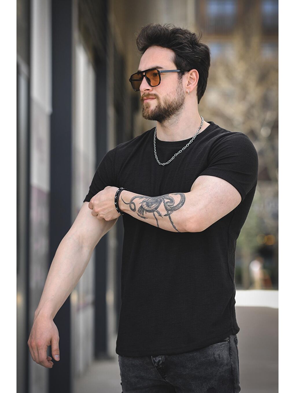 Siyah Bld 737 Jakar Kumaş Eteği Oval Bisiklet Yaka Comfort Erkek Tshirt