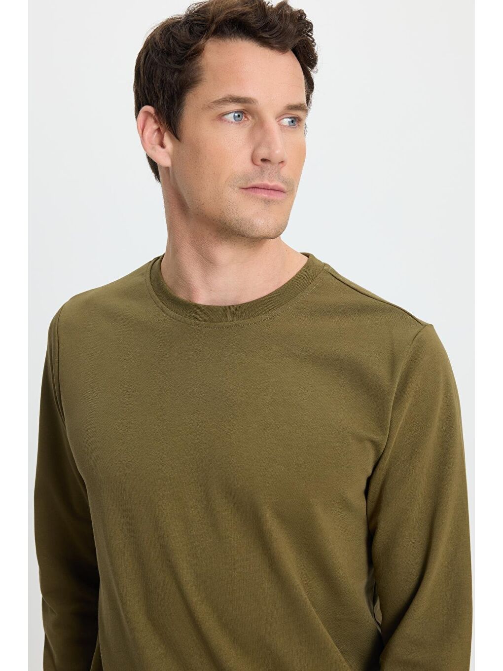 Erkek Relax Fit Rahat Kesim %100 Pamuk 2 İplik Bisiklet Yaka Haki Sweatshirt-1