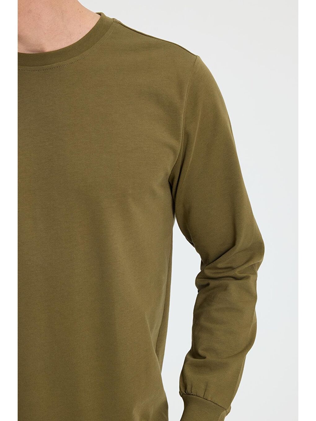 Erkek Relax Fit Rahat Kesim %100 Pamuk 2 İplik Bisiklet Yaka Haki Sweatshirt-2