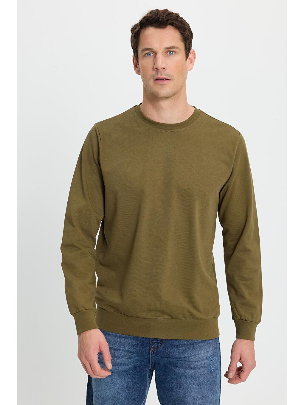 Erkek Relax Fit Rahat Kesim %100 Pamuk 2 İplik Bisiklet Yaka Haki Sweatshirt-3