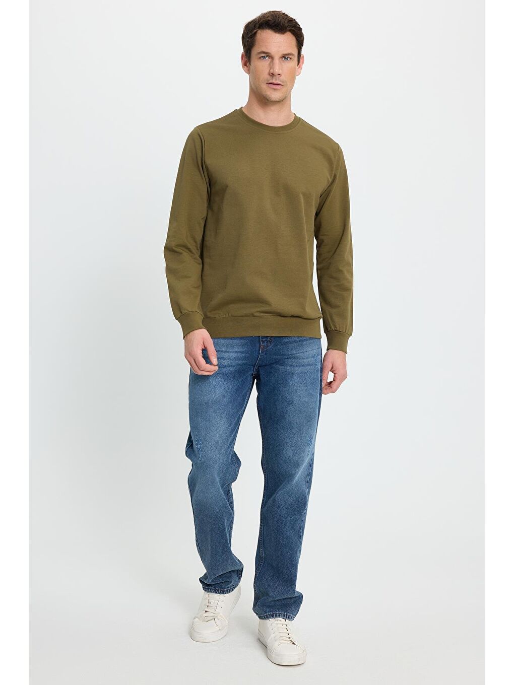 Erkek Relax Fit Rahat Kesim %100 Pamuk 2 İplik Bisiklet Yaka Haki Sweatshirt-4