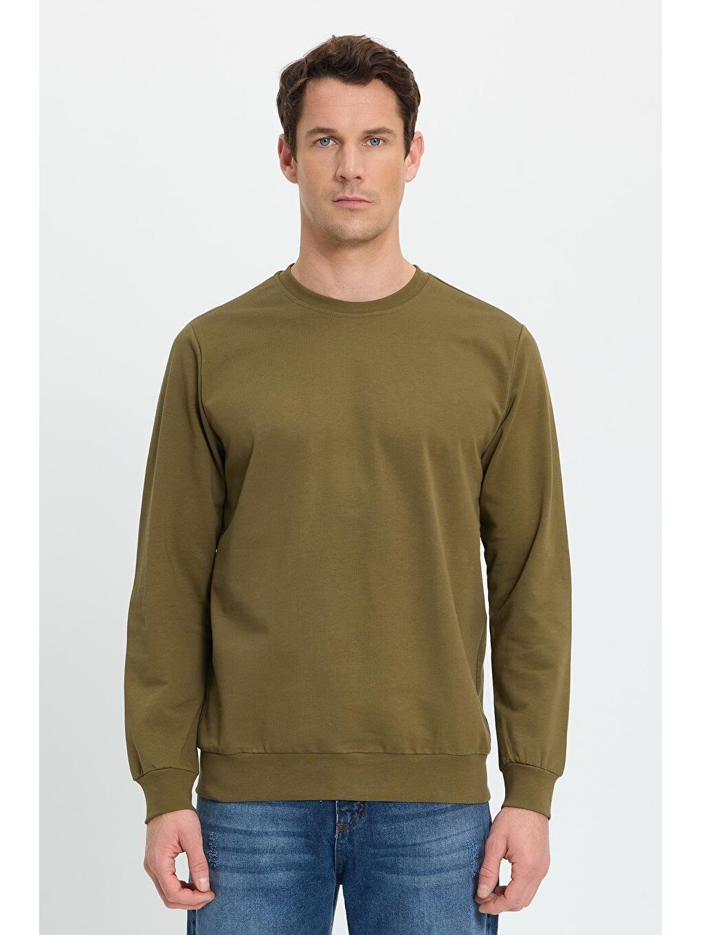 Erkek Relax Fit Rahat Kesim %100 Pamuk 2 İplik Bisiklet Yaka Haki Sweatshirt-5