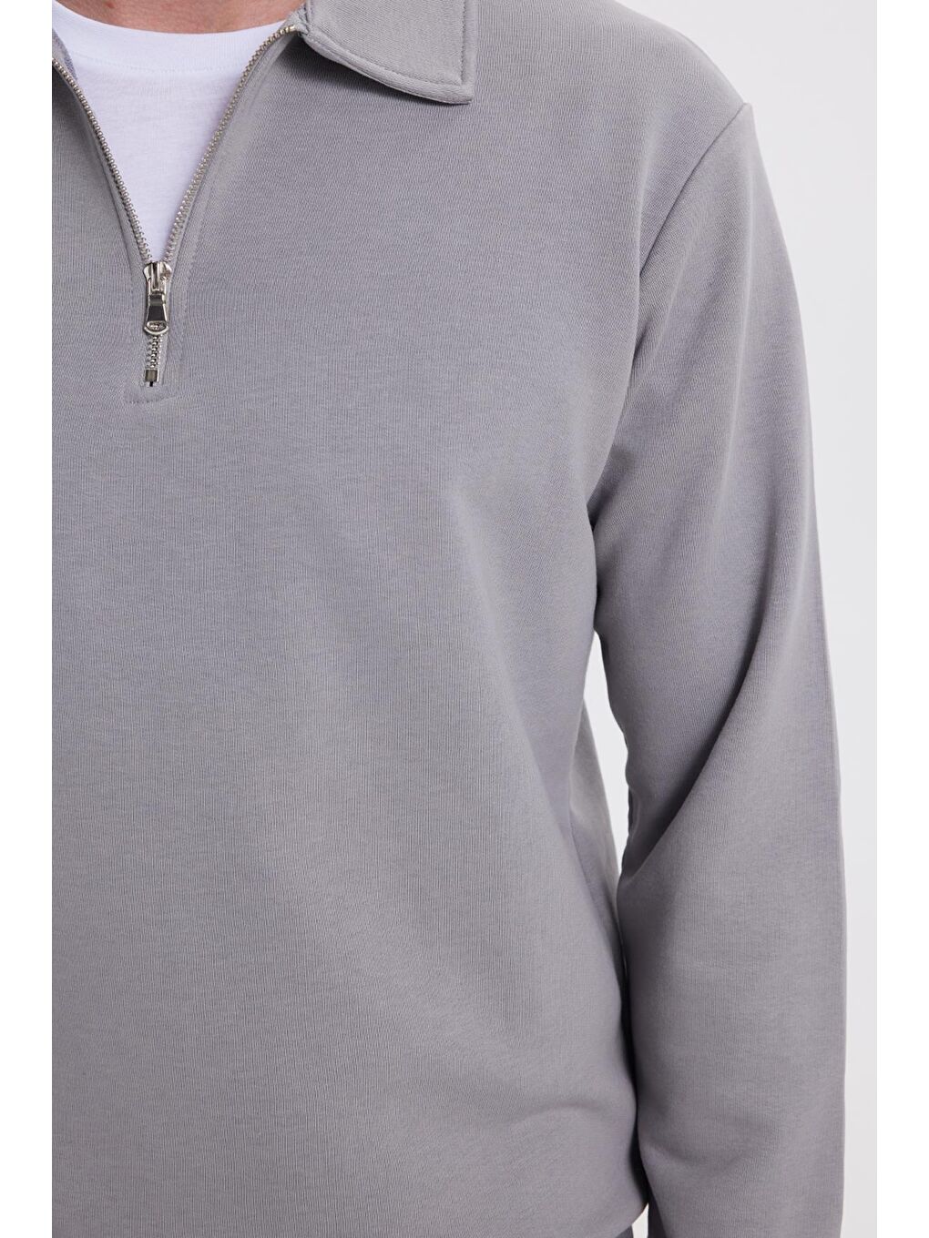 Erkek Relax Fit Rahat Kesim Pamuklu 3 İplik Fermuarlı Polo Yaka Gri Sweatshirt-2