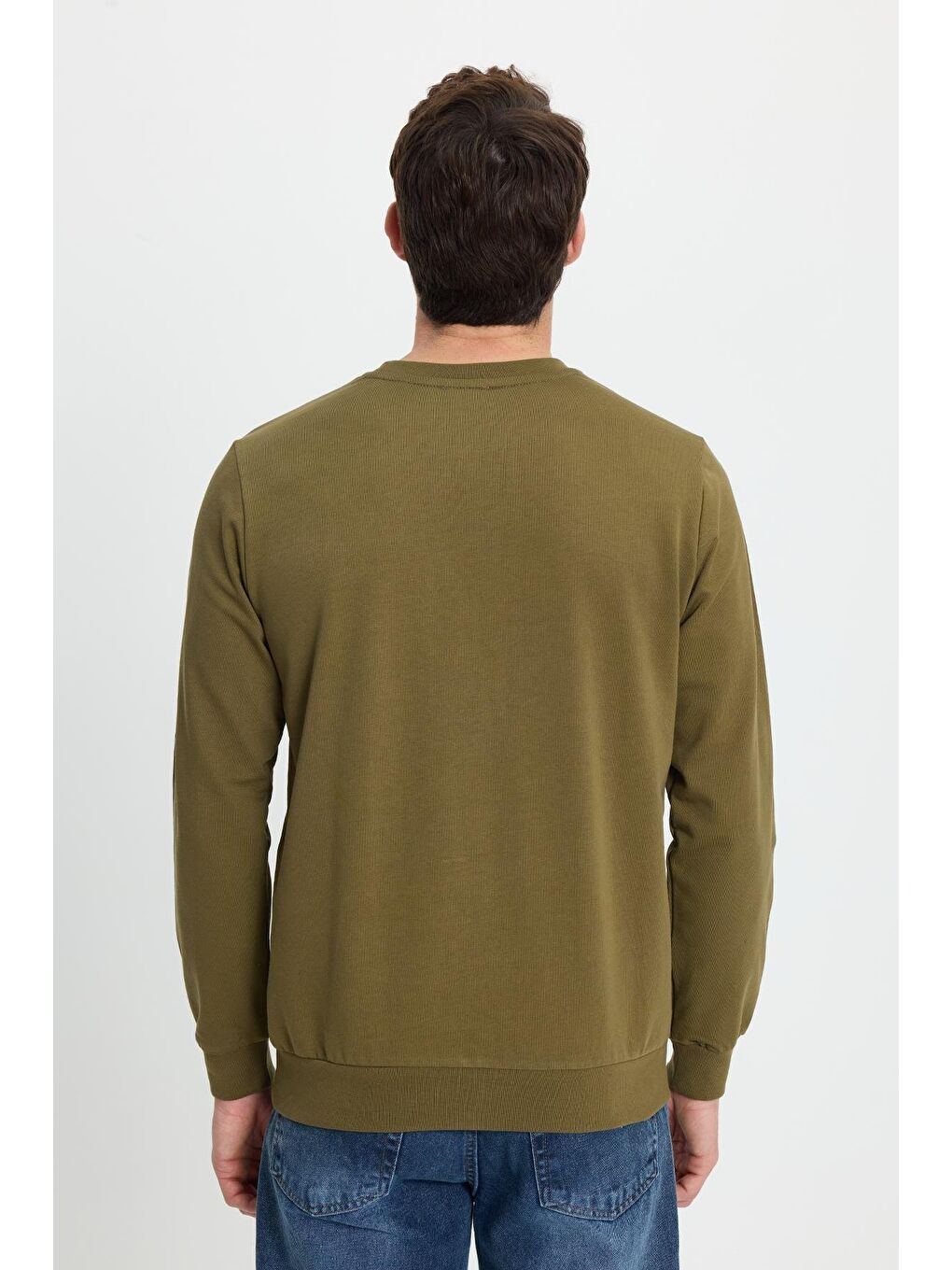 Erkek Relax Fit Rahat Kesim %100 Pamuk 2 İplik Bisiklet Yaka Haki Sweatshirt-7