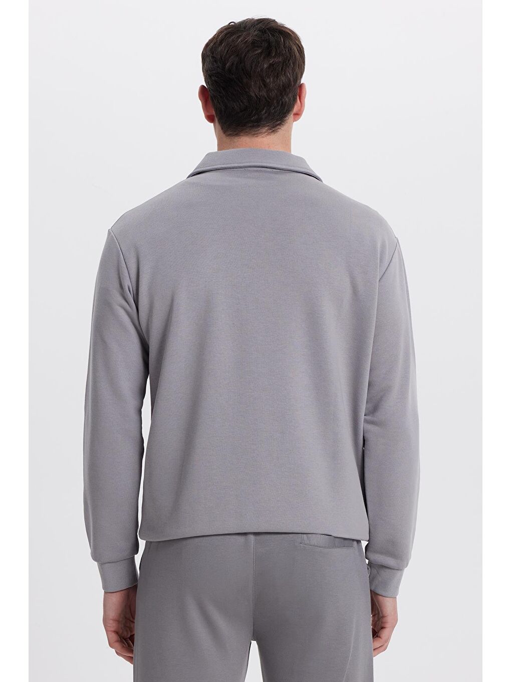 Erkek Relax Fit Rahat Kesim Pamuklu 3 İplik Fermuarlı Polo Yaka Gri Sweatshirt-6