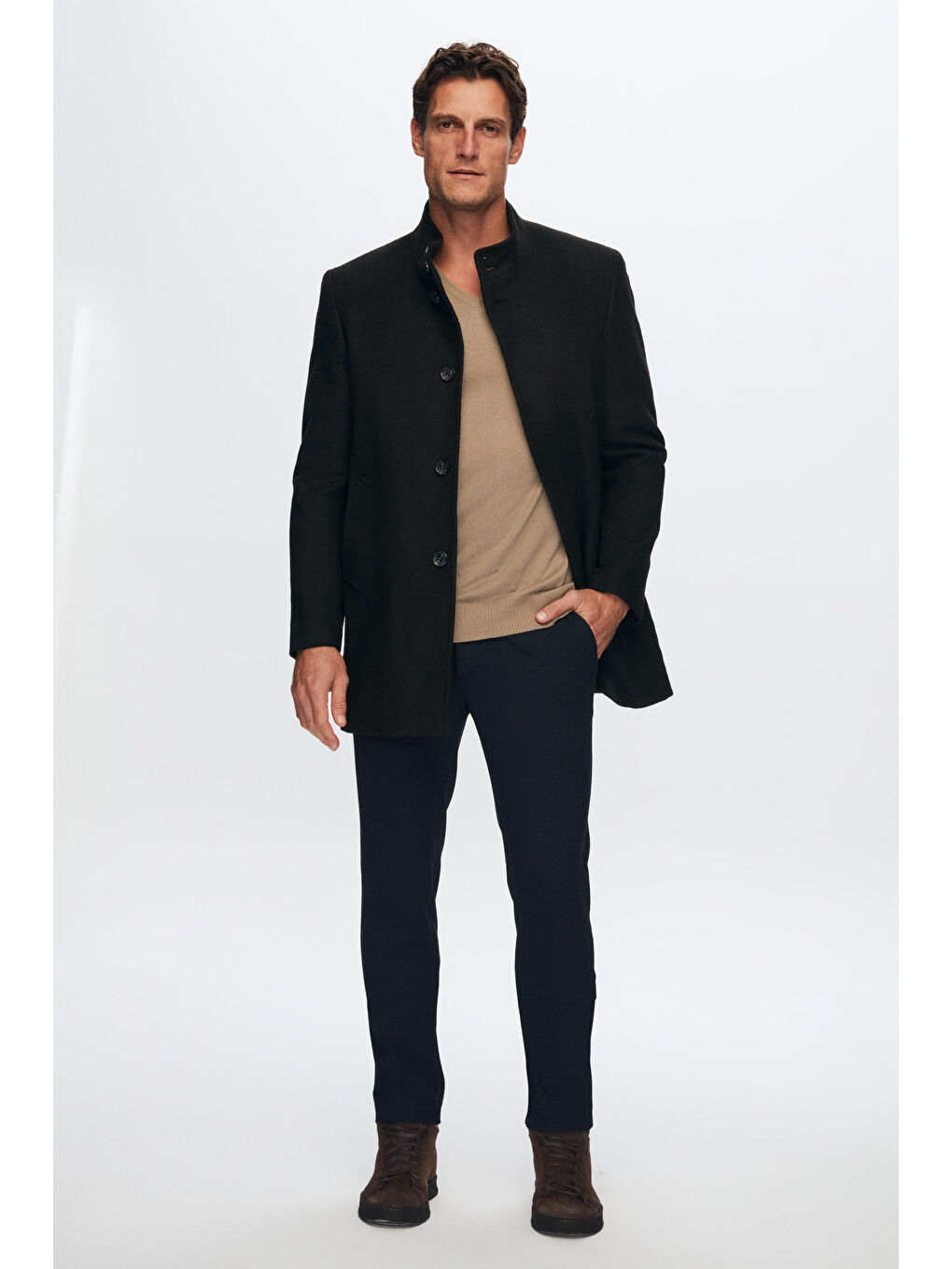 Regular Fit Siyah Hakim Yaka Kaşe Kaban-5