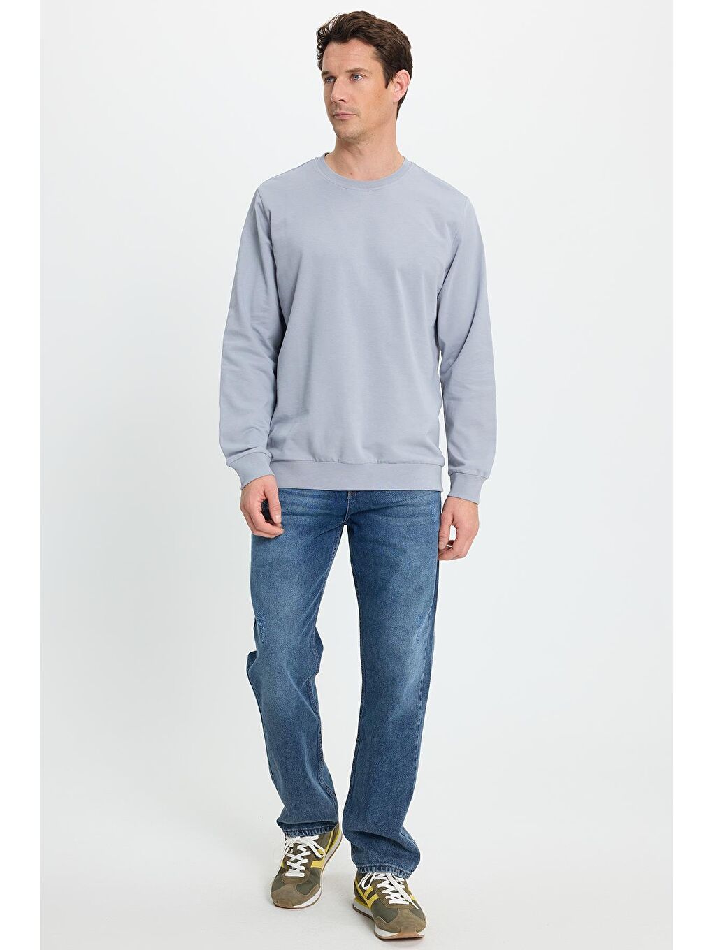 Erkek Relax Fit Rahat Kesim %100 Pamuk 2 İplik Bisiklet Yaka Açık Gri Sweatshirt-3