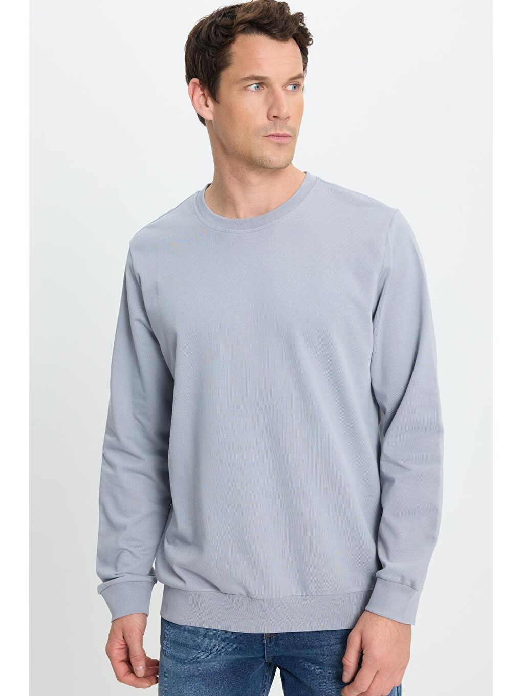 Erkek Relax Fit Rahat Kesim %100 Pamuk 2 İplik Bisiklet Yaka Açık Gri Sweatshirt-4