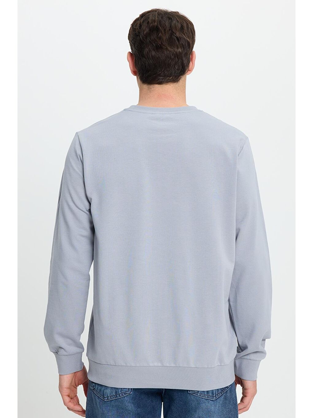 Erkek Relax Fit Rahat Kesim %100 Pamuk 2 İplik Bisiklet Yaka Açık Gri Sweatshirt-6