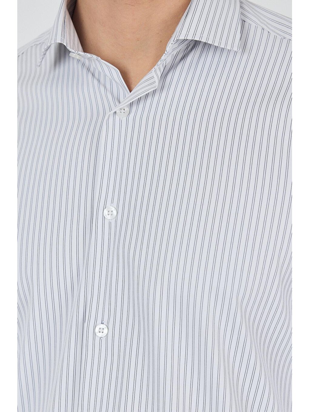 Beyaz Uzun Kol Çizgili Desen Bez Ayağı Sert Yaka Cepsiz Esnek Classic Slim Fit Gömlek 1004250159-3