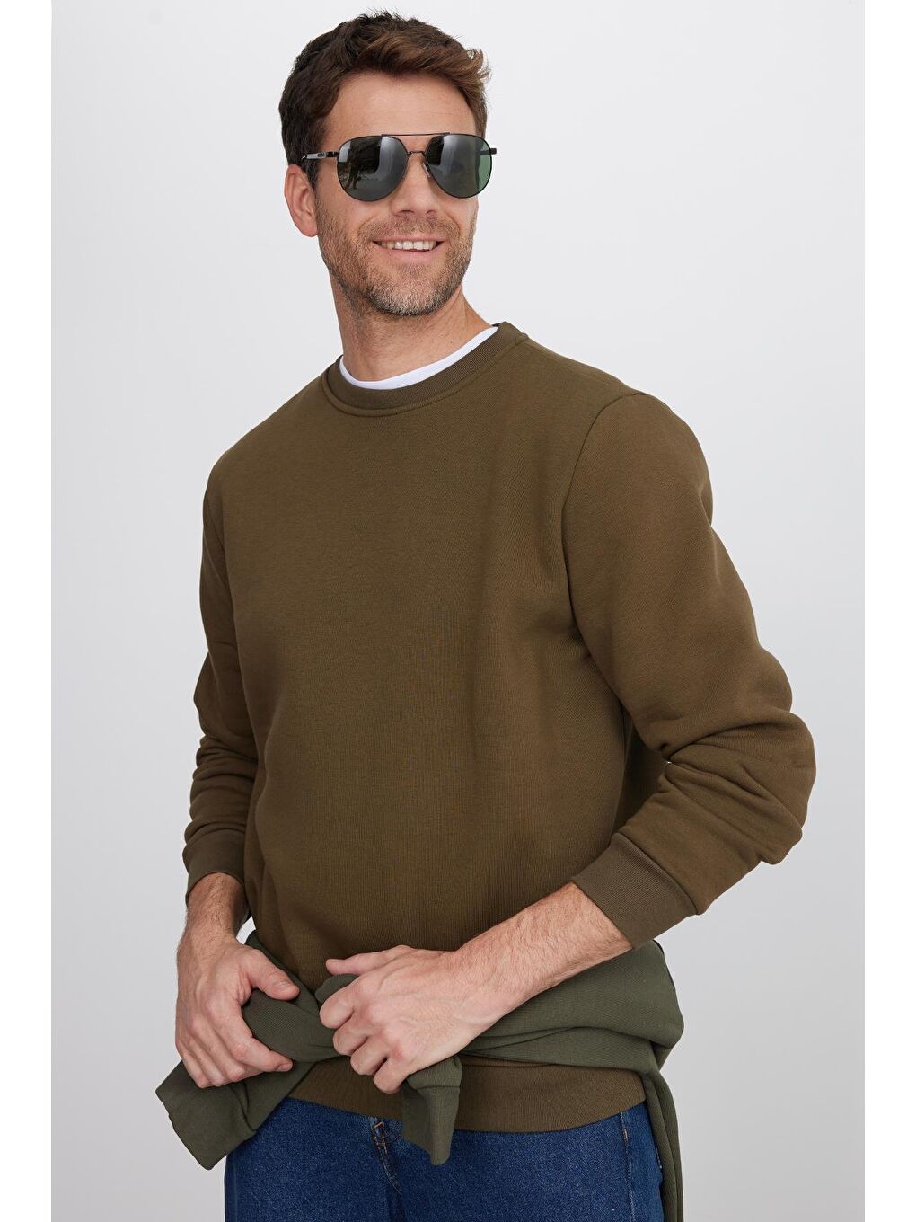 Unisex Relax Fit Rahat Kesim Pamuklu 3 İplik İçi Polarlı Yeşil Bisiklet Yaka Sweatshirt-3