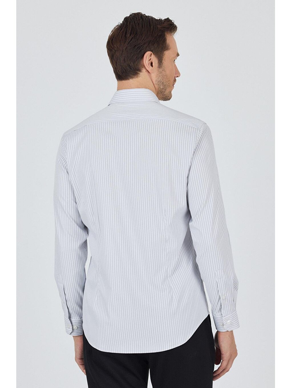 Beyaz Uzun Kol Çizgili Desen Bez Ayağı Sert Yaka Cepsiz Esnek Classic Slim Fit Gömlek 1004250159-4