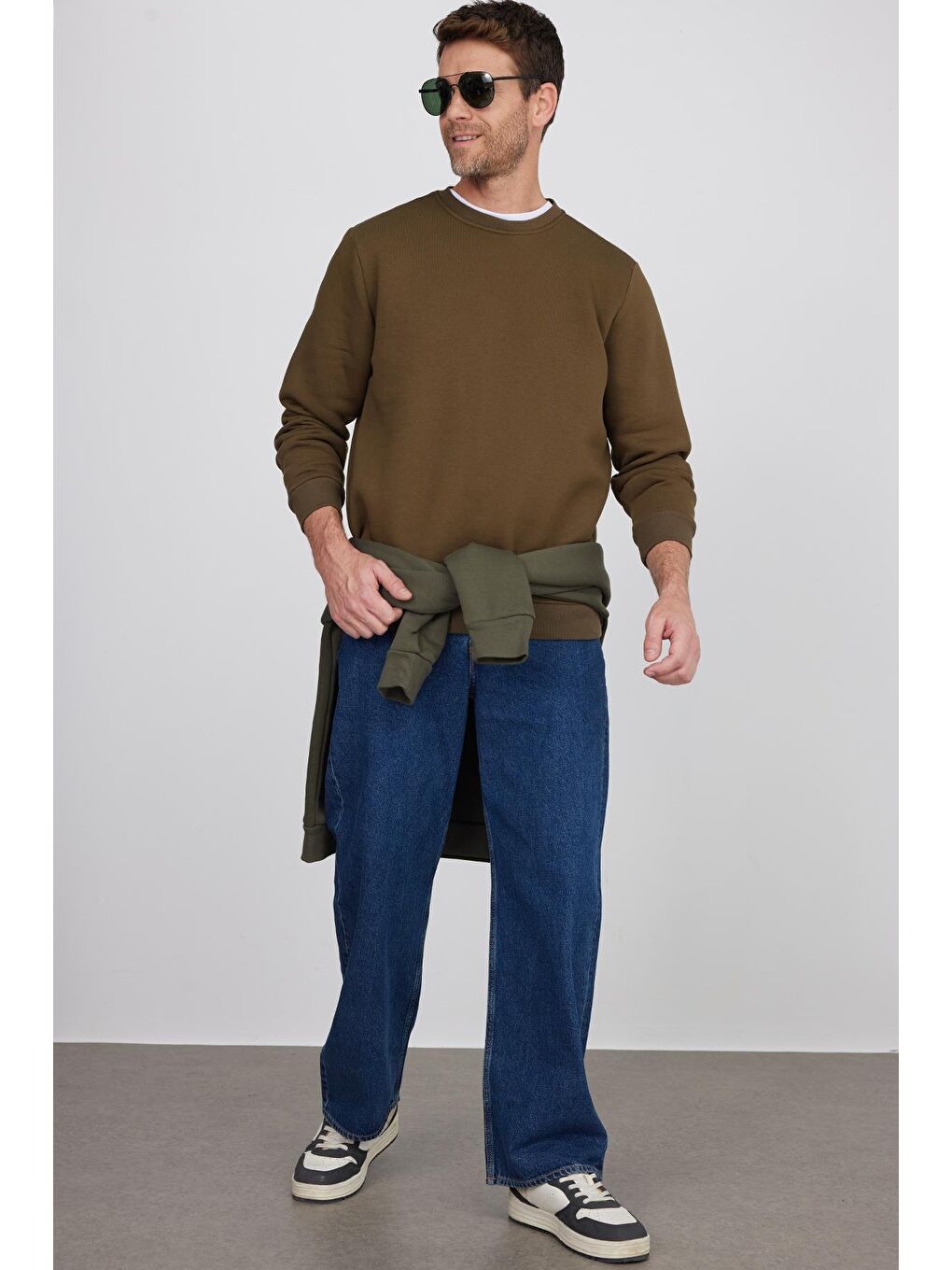 Unisex Relax Fit Rahat Kesim Pamuklu 3 İplik İçi Polarlı Yeşil Bisiklet Yaka Sweatshirt-4