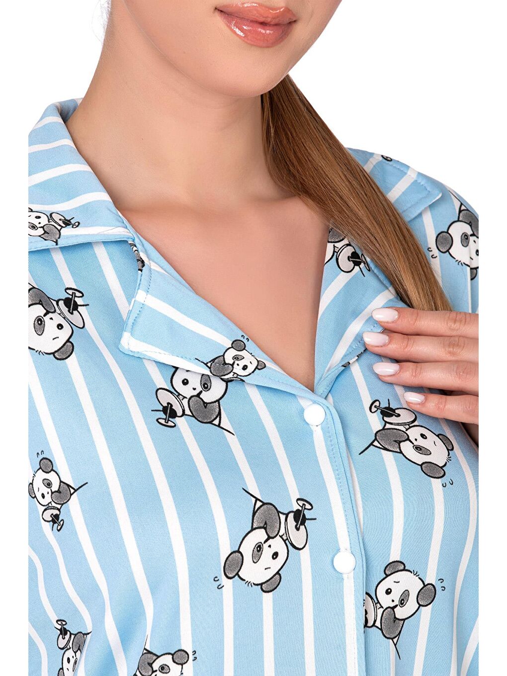 Mavi Lizbon Kumaş İçi Şardonlu Panda Desenli Önden Düğmeli Kadın Pijama Takımı-1