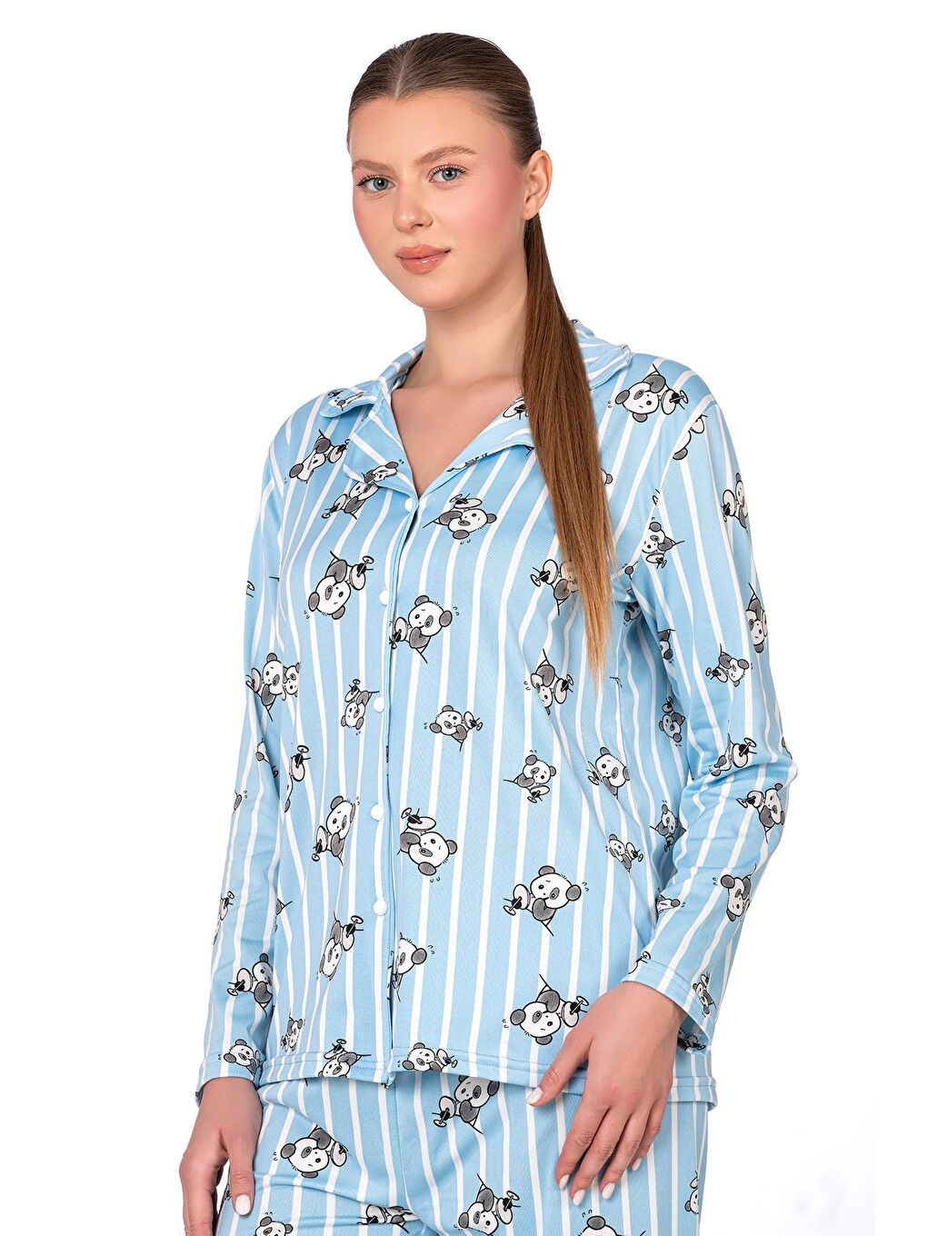 Mavi Lizbon Kumaş İçi Şardonlu Panda Desenli Önden Düğmeli Kadın Pijama Takımı-2