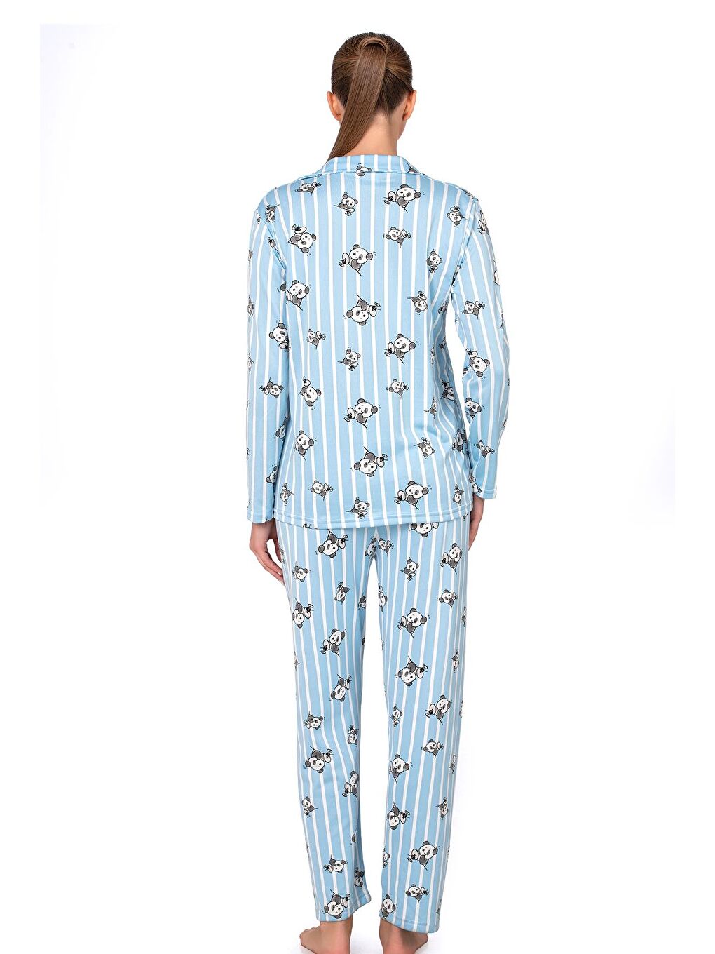 Mavi Lizbon Kumaş İçi Şardonlu Panda Desenli Önden Düğmeli Kadın Pijama Takımı-3