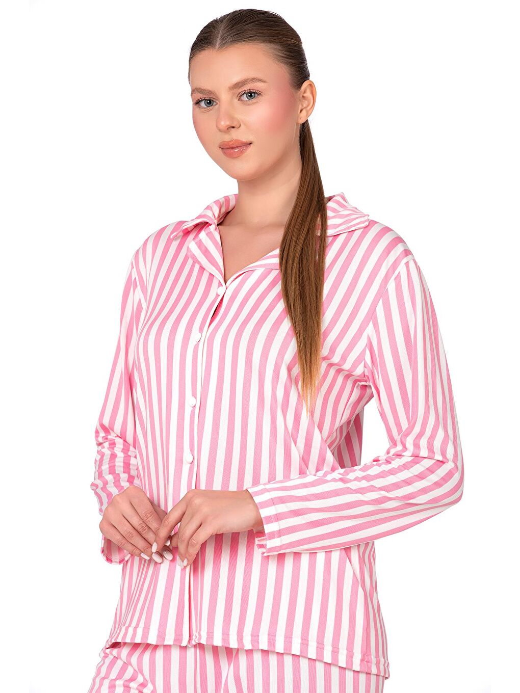Pembe Çizgili Lizbon Kumaş İçi Şardonlu Önden Düğmeli Kadın Pijama Takımı-2
