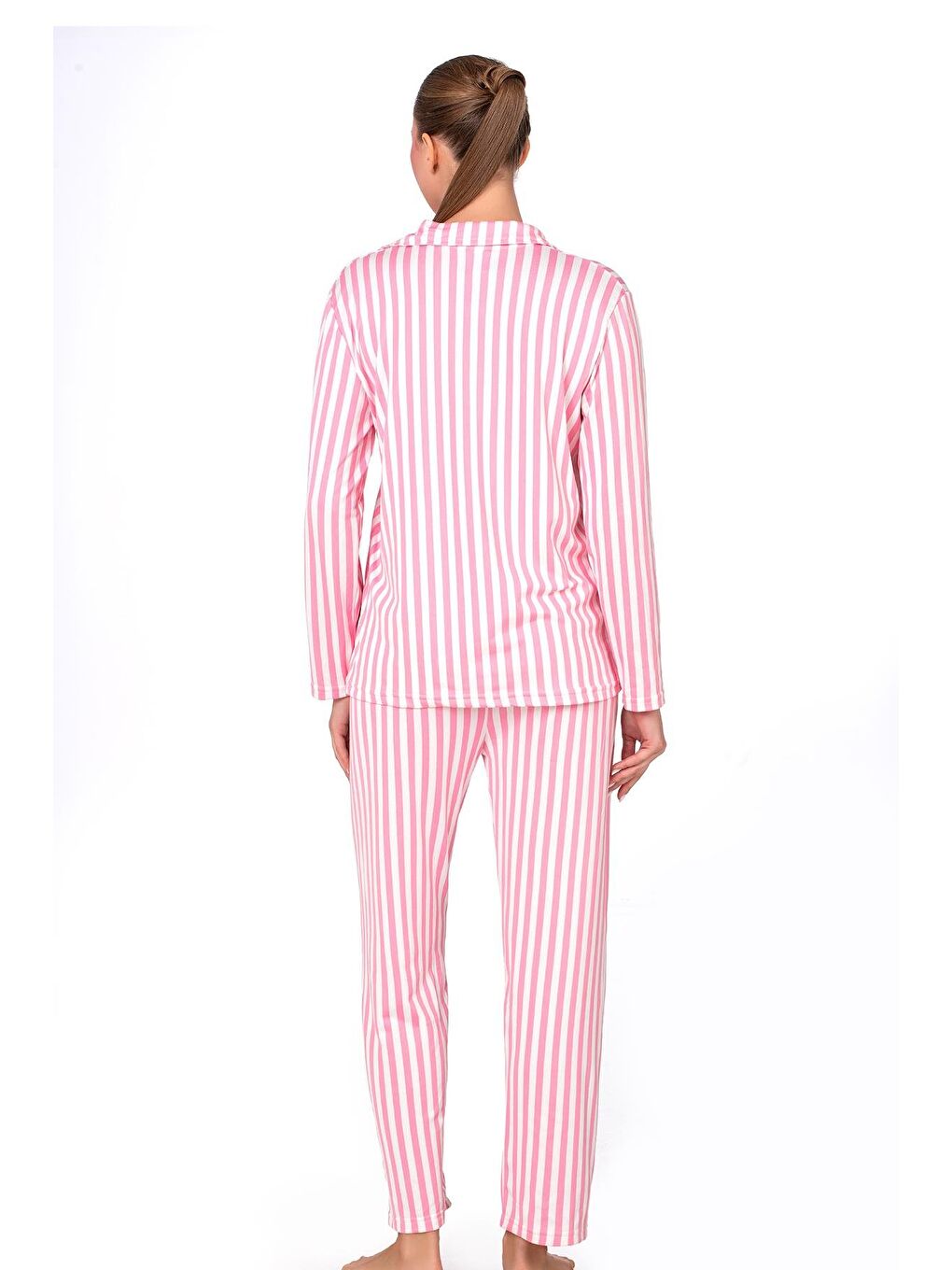 Pembe Çizgili Lizbon Kumaş İçi Şardonlu Önden Düğmeli Kadın Pijama Takımı-3