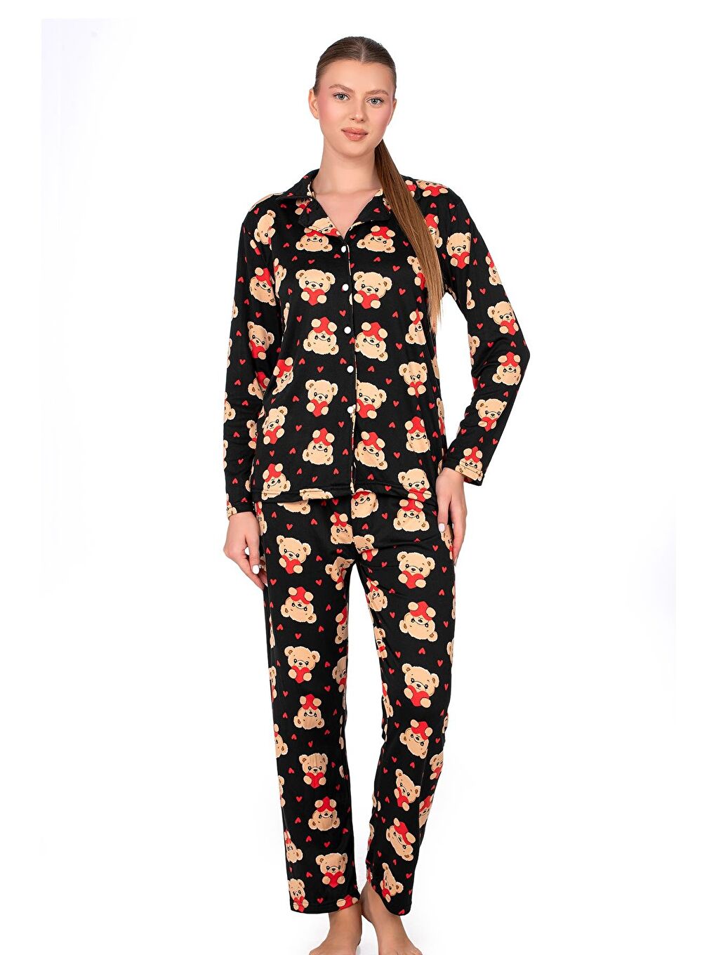 Lizbon Kumaş Siyah Ayıcık Desenli Önden Düğmeli Kadın Pijama Takımı