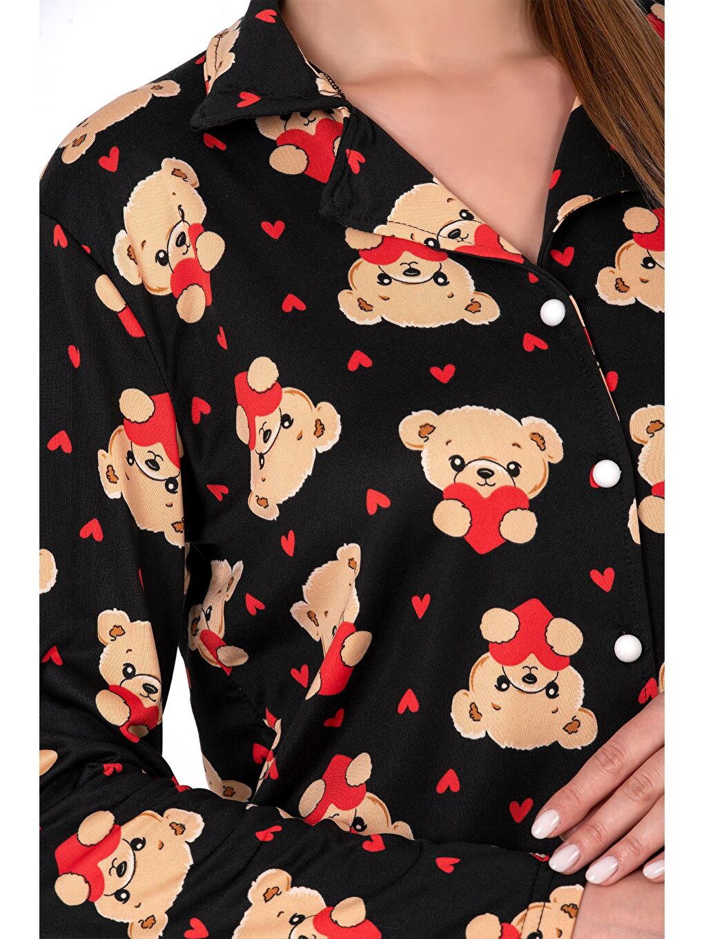 Lizbon Kumaş Siyah Ayıcık Desenli Önden Düğmeli Kadın Pijama Takımı-1