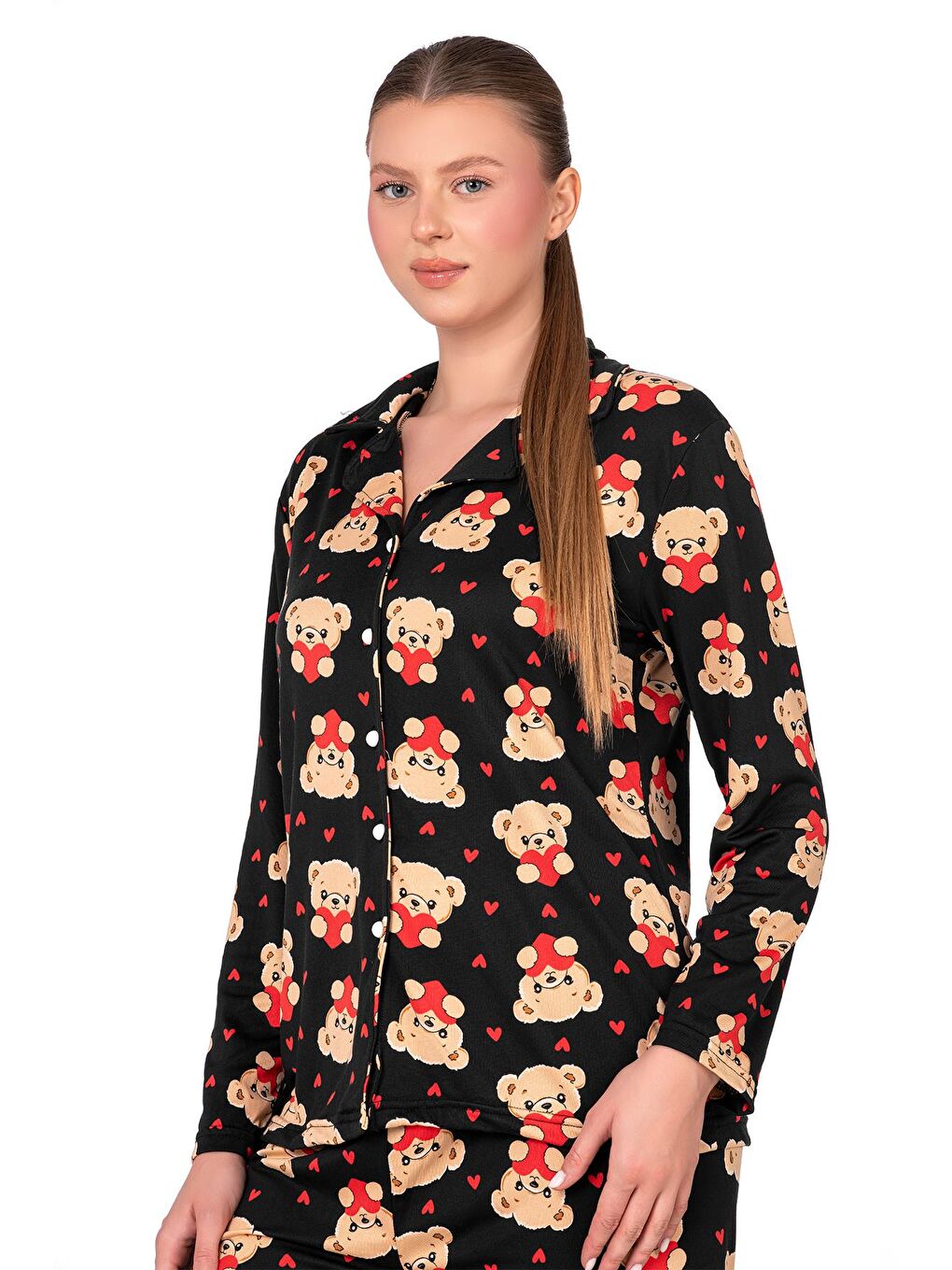 Lizbon Kumaş Siyah Ayıcık Desenli Önden Düğmeli Kadın Pijama Takımı-2