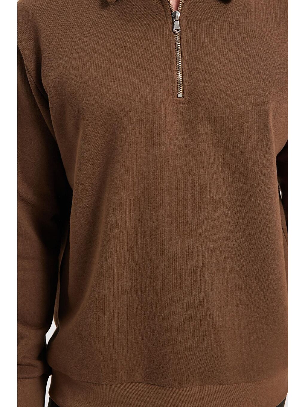 Kahverengi Erkek Relax Fit Rahat Kesim Pamuklu 3 İplik Fermuarlı Polo Yaka Koyu Vizon Sweatshirt-3