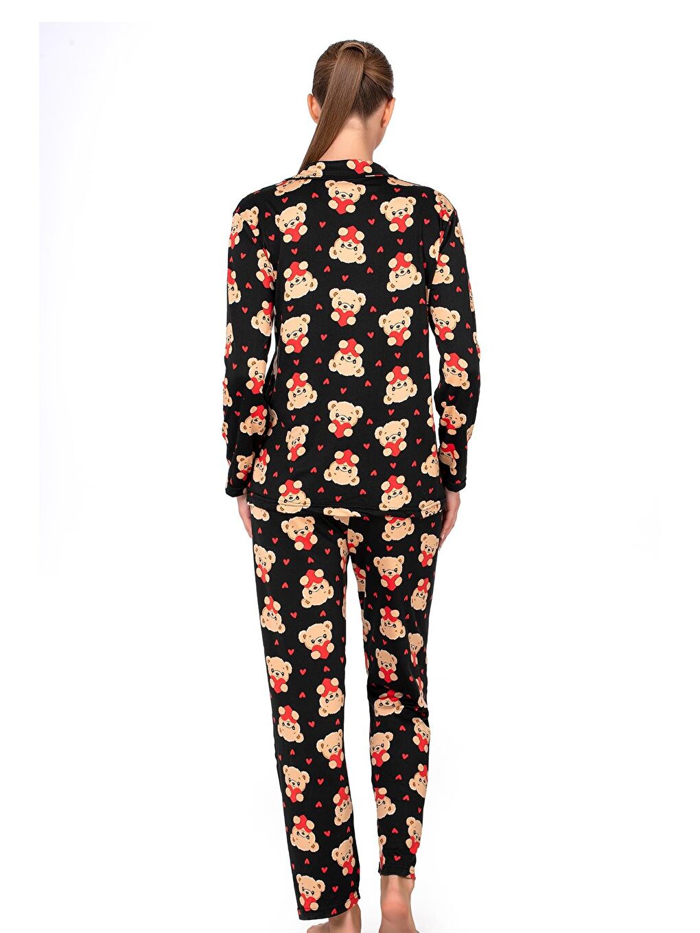 Lizbon Kumaş Siyah Ayıcık Desenli Önden Düğmeli Kadın Pijama Takımı-3