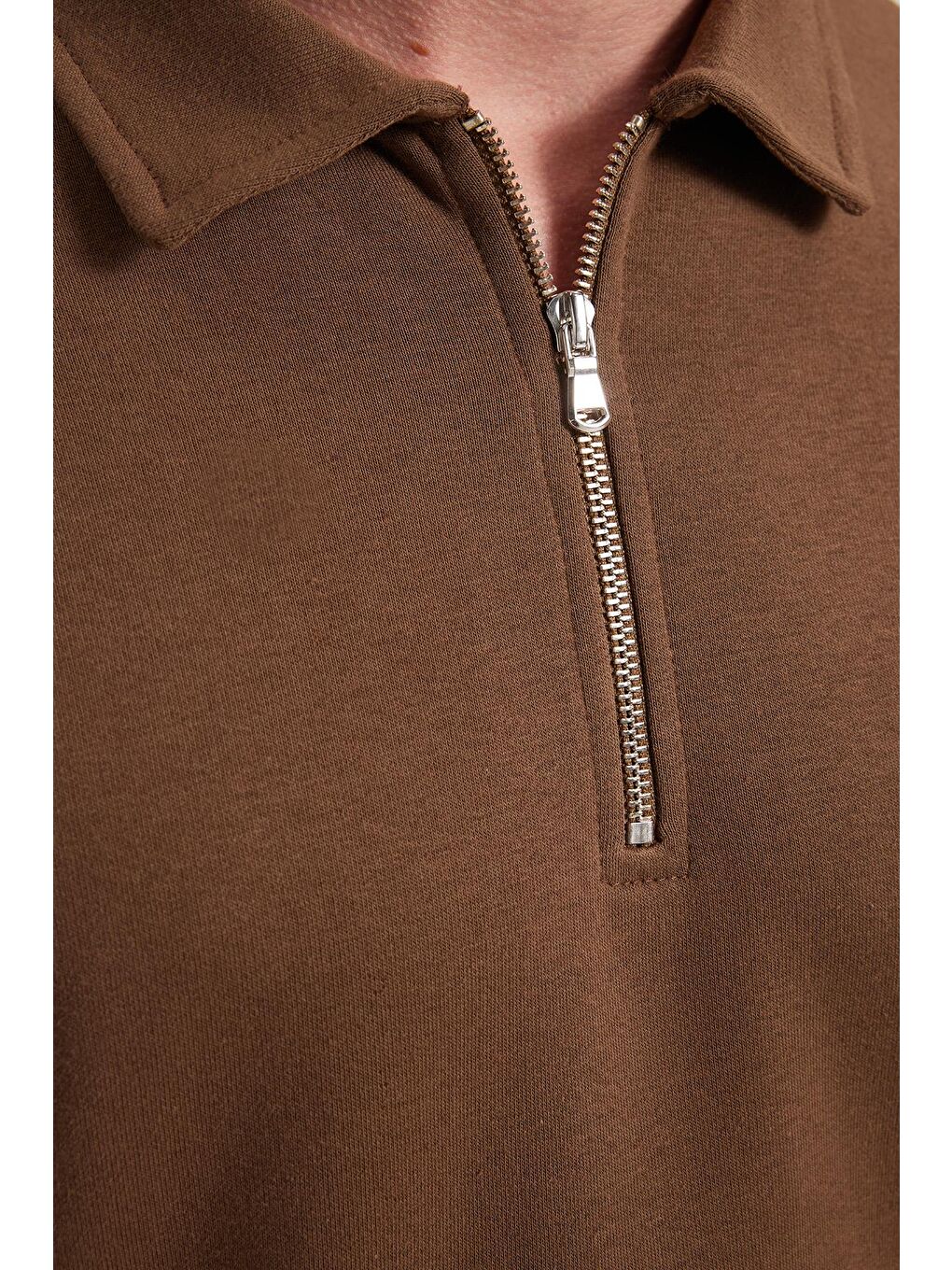 Kahverengi Erkek Relax Fit Rahat Kesim Pamuklu 3 İplik Fermuarlı Polo Yaka Koyu Vizon Sweatshirt-4