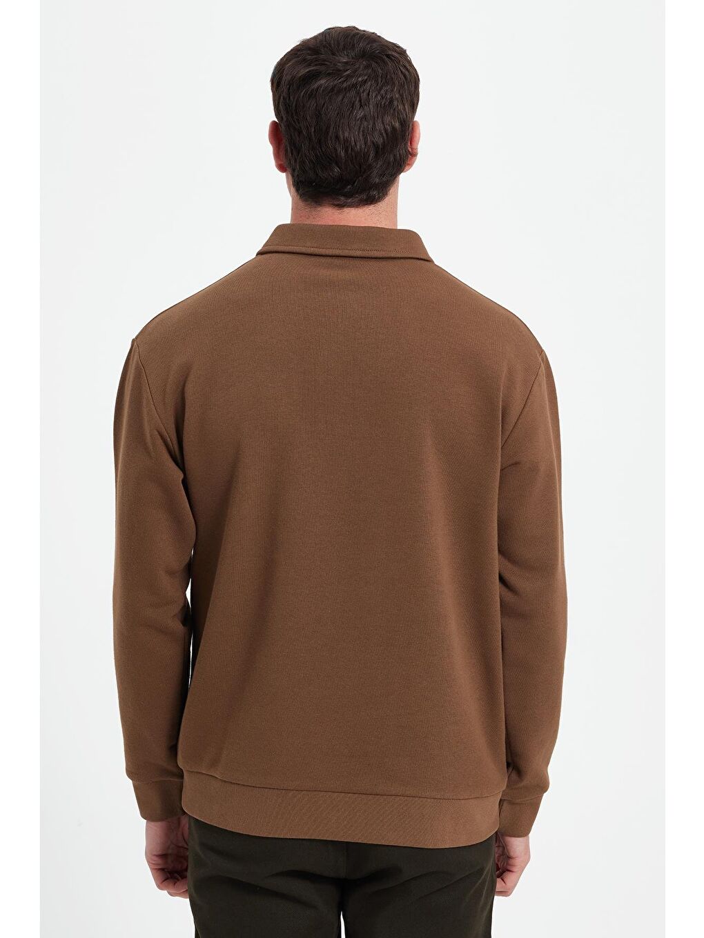 Kahverengi Erkek Relax Fit Rahat Kesim Pamuklu 3 İplik Fermuarlı Polo Yaka Koyu Vizon Sweatshirt-5