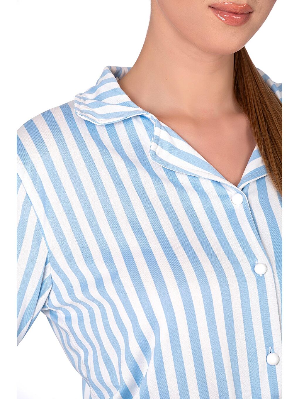 Mavi Çizgili Lizbon Kumaş İçi Şardonlu Önden Düğmeli Kadın Pijama Takımı-1