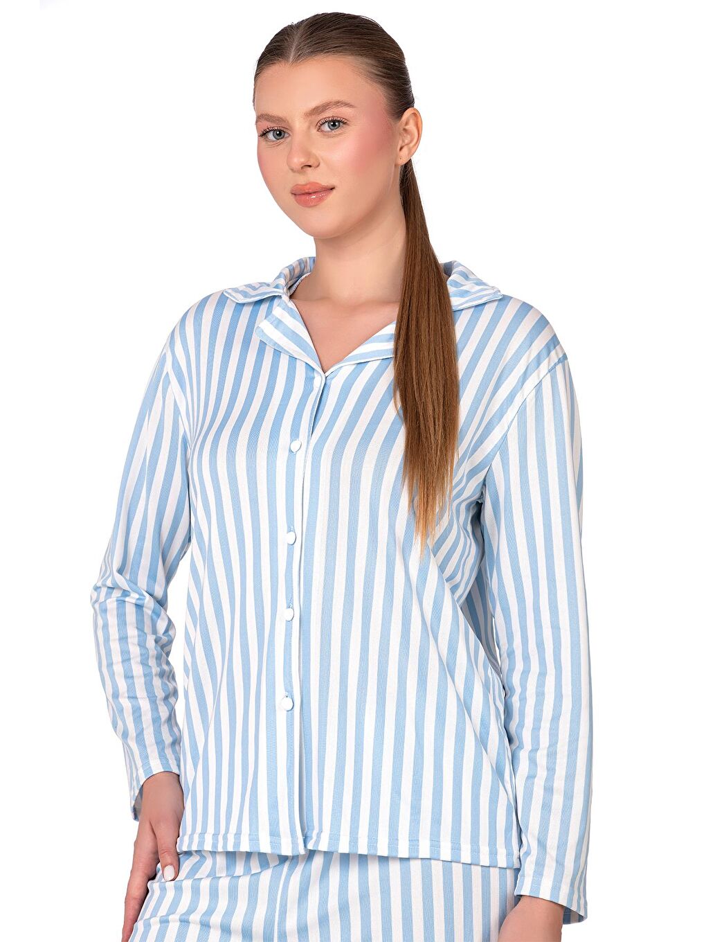 Mavi Çizgili Lizbon Kumaş İçi Şardonlu Önden Düğmeli Kadın Pijama Takımı-2