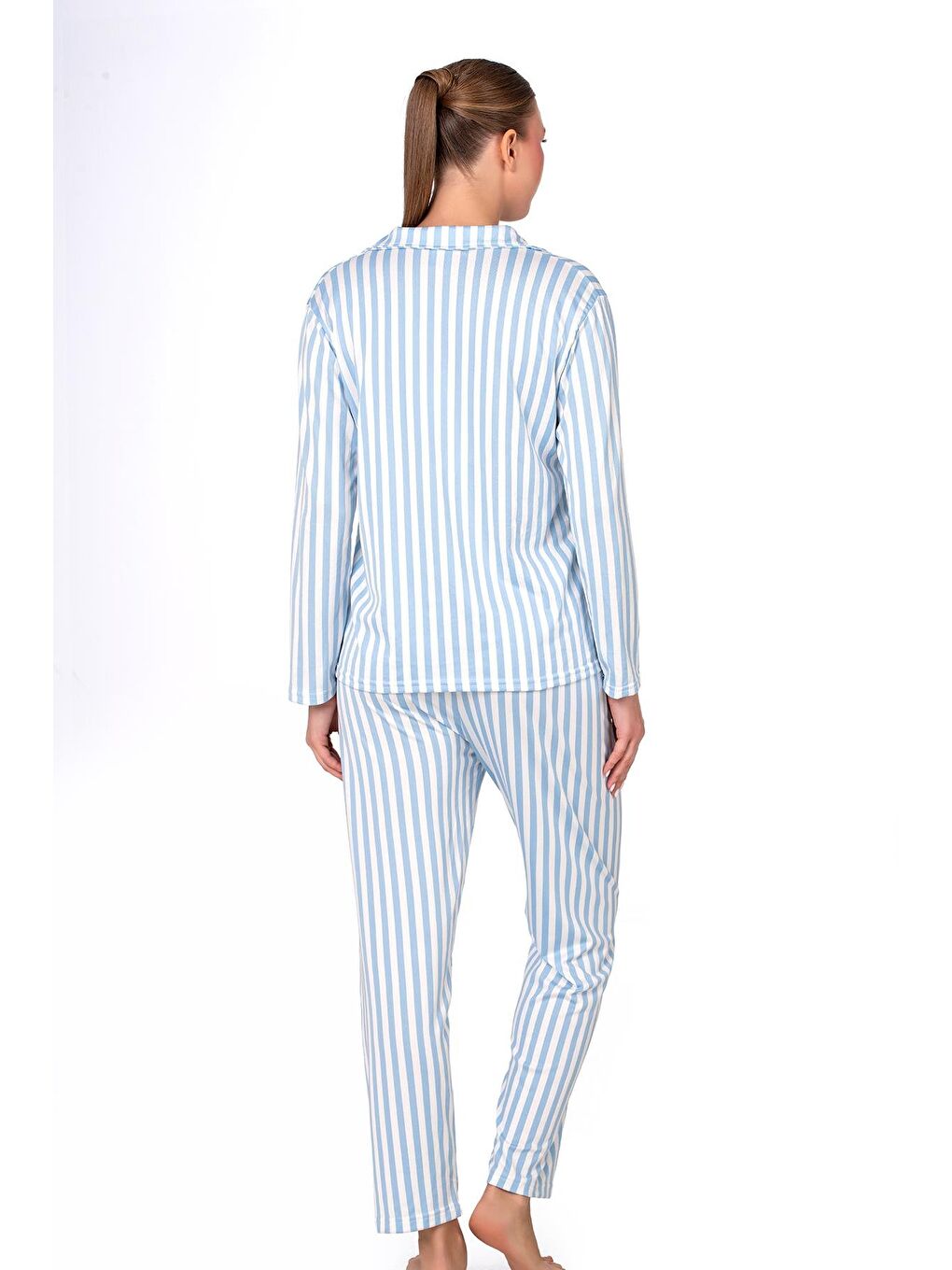 Mavi Çizgili Lizbon Kumaş İçi Şardonlu Önden Düğmeli Kadın Pijama Takımı-3