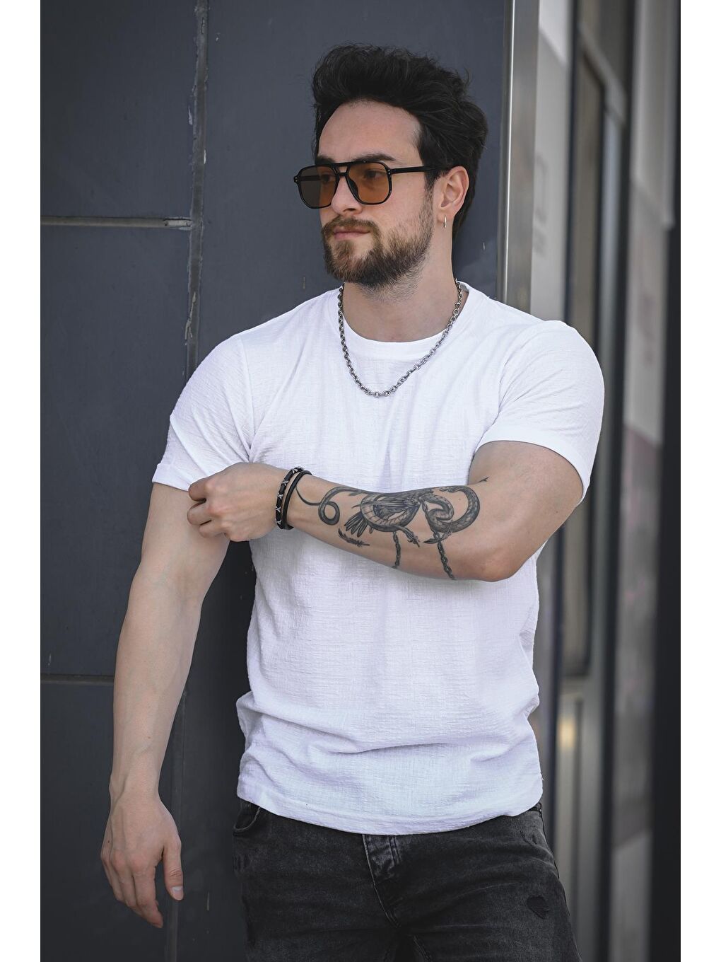 Beyaz Bld 737 Jakar Kumaş Eteği Oval Bisiklet Yaka Comfort Erkek Tişört-1