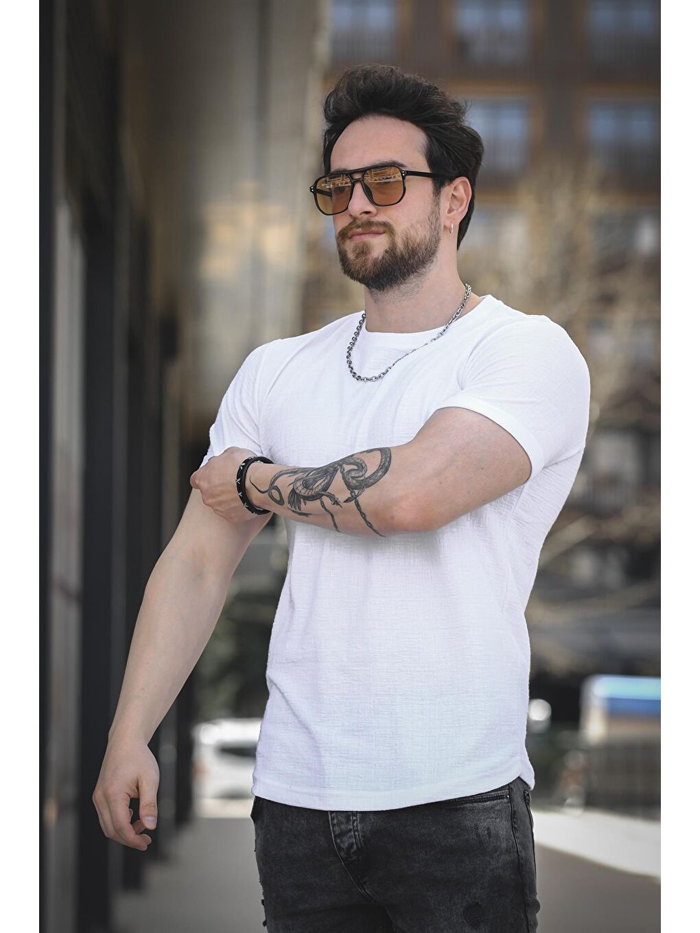 Beyaz Bld 737 Jakar Kumaş Eteği Oval Bisiklet Yaka Comfort Erkek Tişört-2