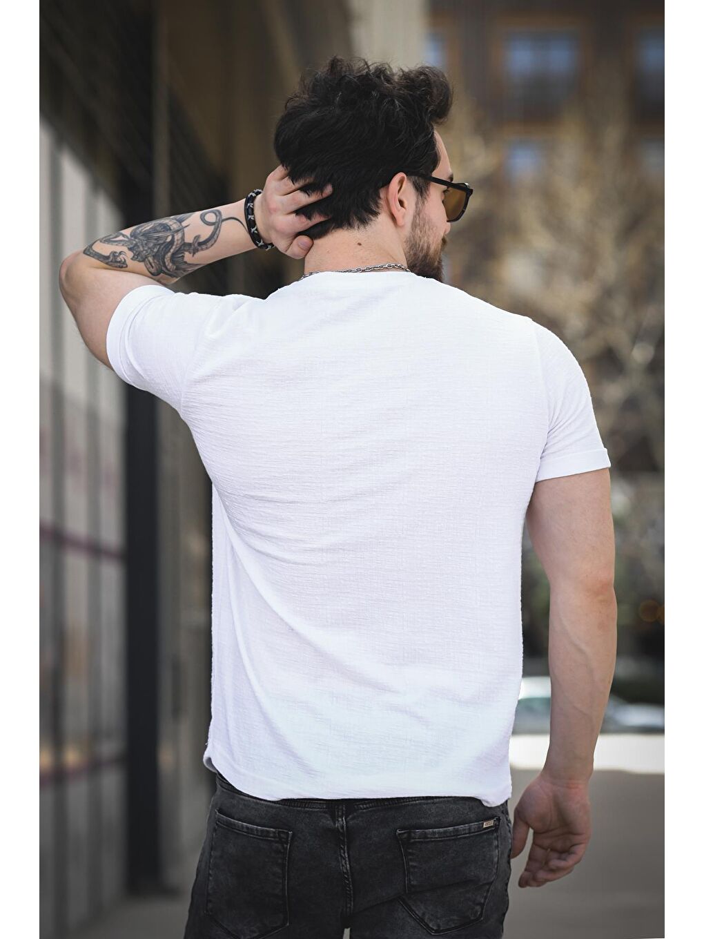Beyaz Bld 737 Jakar Kumaş Eteği Oval Bisiklet Yaka Comfort Erkek Tişört-3