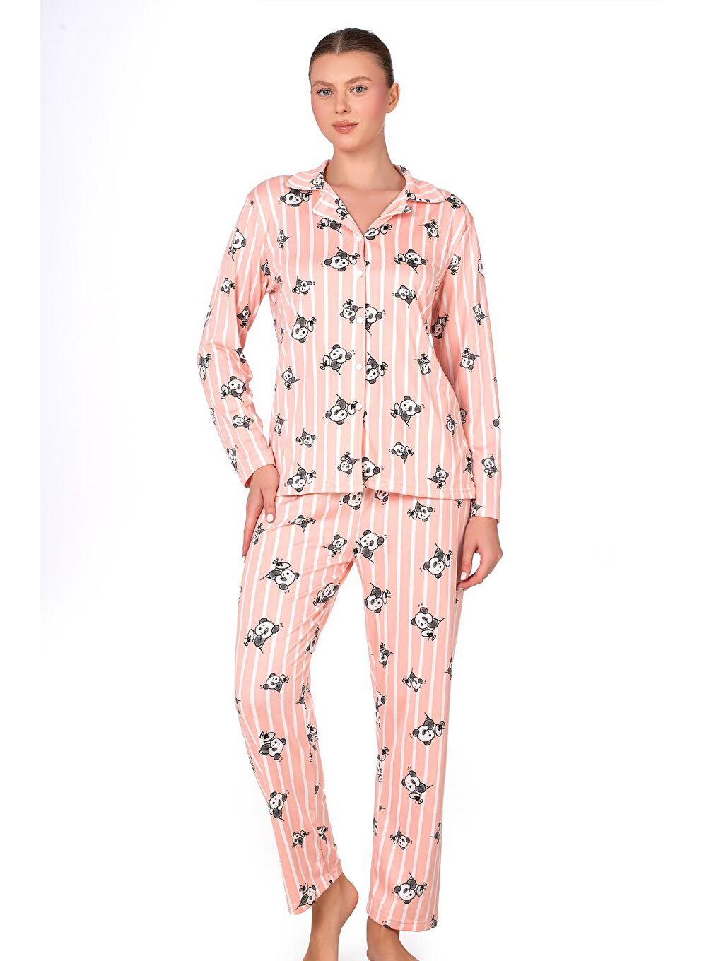 Pembe Lizbon Kumaş İçi Şardonlu Somon Panda Desenli Çizgili Önden Düğmeli Kadın Pijama Takımı