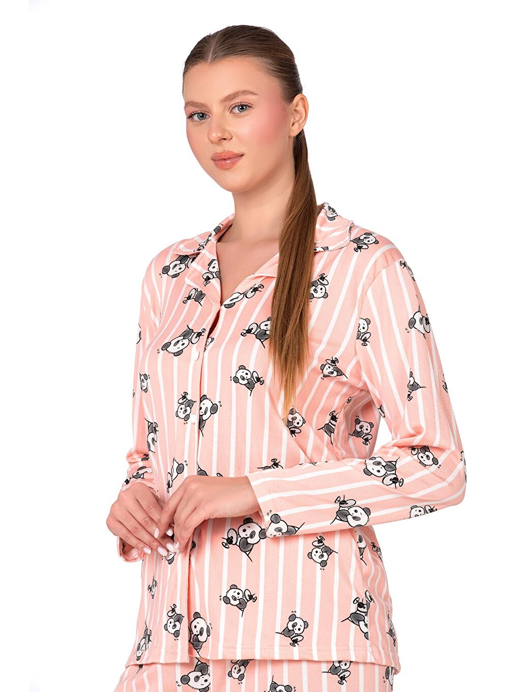 Pembe Lizbon Kumaş İçi Şardonlu Somon Panda Desenli Çizgili Önden Düğmeli Kadın Pijama Takımı-2