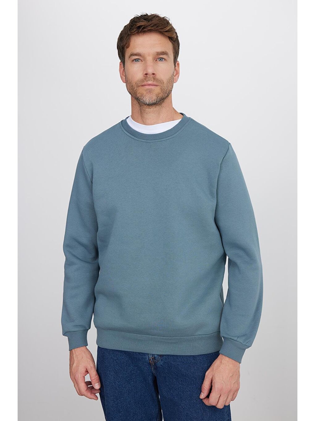 Unisex Relax Fit Rahat Kesim Pamuklu 3 İplik İçi Polarlı Gri Bisiklet Yaka Sweatshirt-3