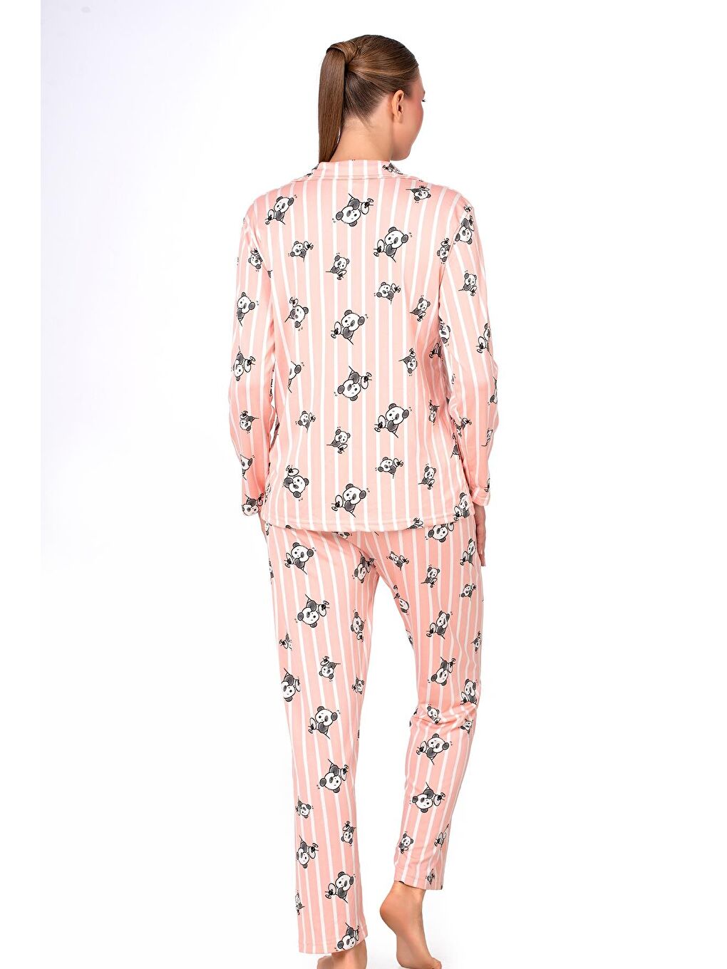 Pembe Lizbon Kumaş İçi Şardonlu Somon Panda Desenli Çizgili Önden Düğmeli Kadın Pijama Takımı-3