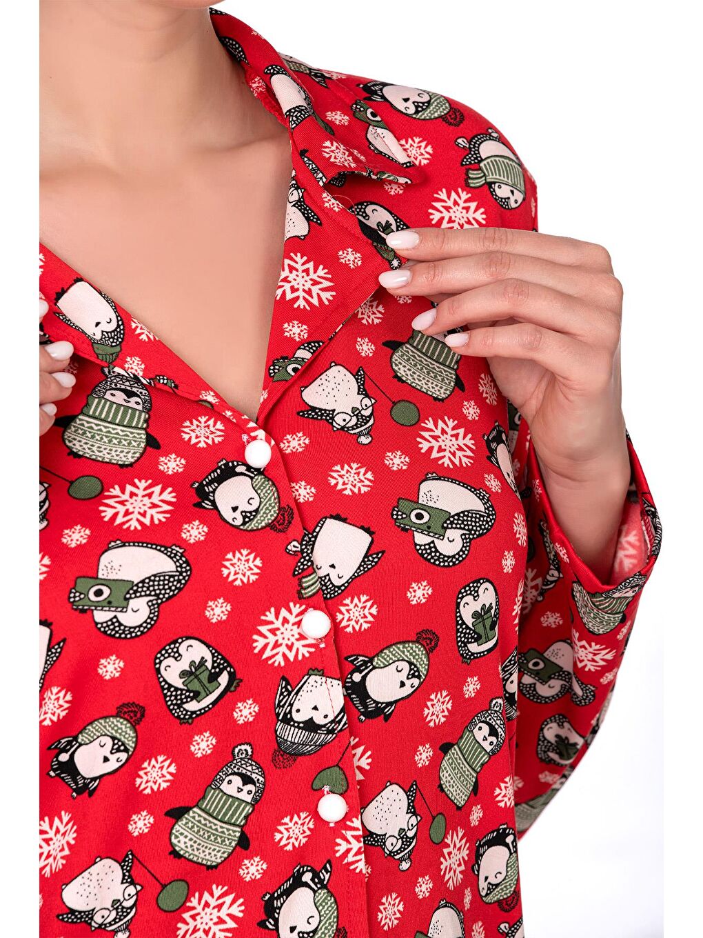 Lizbon Kumaş İçi Şardonlu Kırmızı Kış Desenli Önden Düğmeli Kadın Pijama Takımı-1