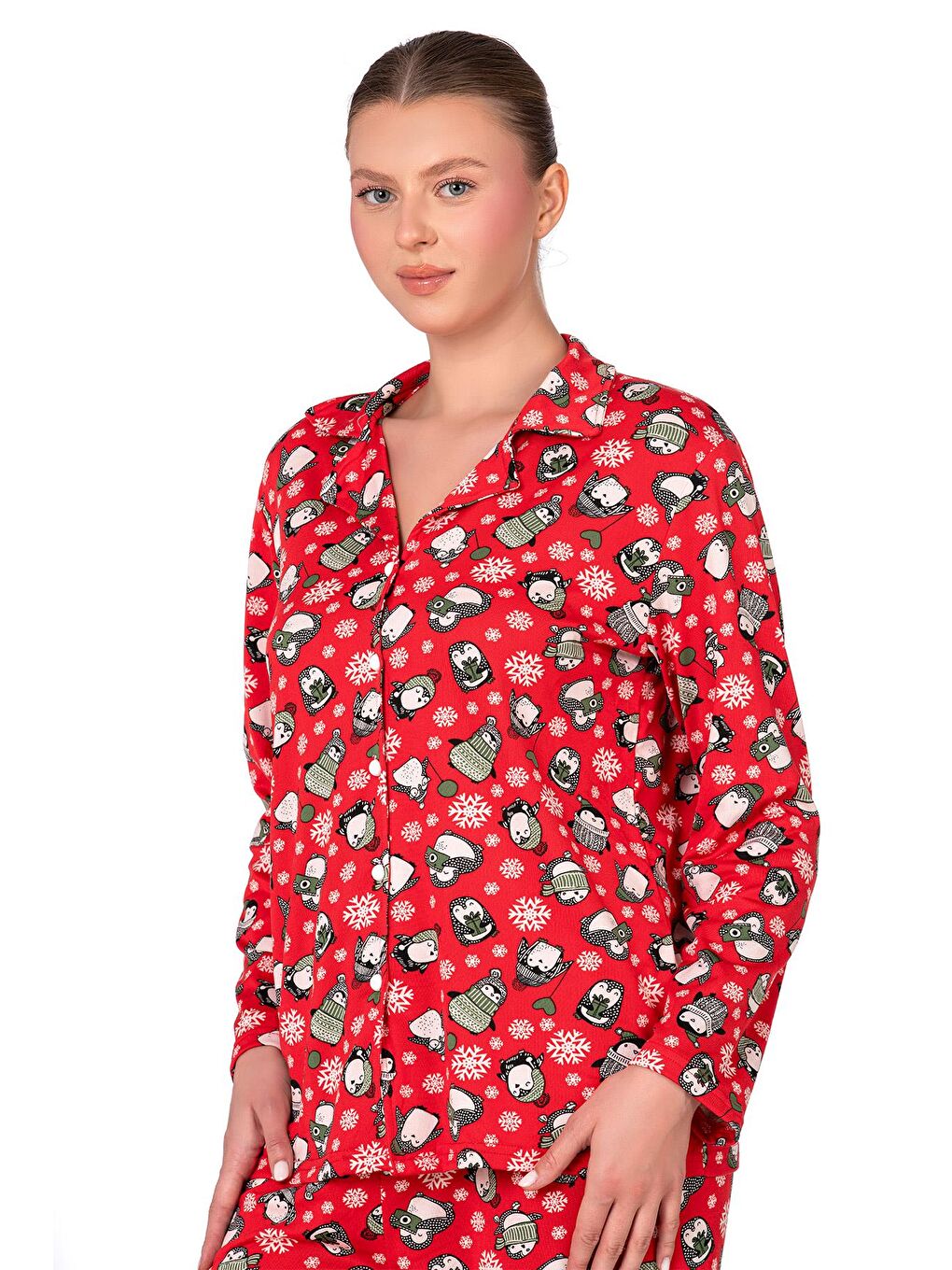 Lizbon Kumaş İçi Şardonlu Kırmızı Kış Desenli Önden Düğmeli Kadın Pijama Takımı-2