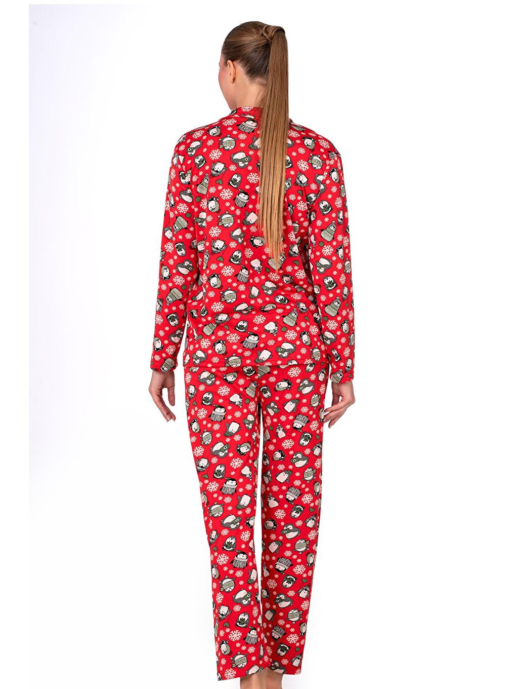 Lizbon Kumaş İçi Şardonlu Kırmızı Kış Desenli Önden Düğmeli Kadın Pijama Takımı-3