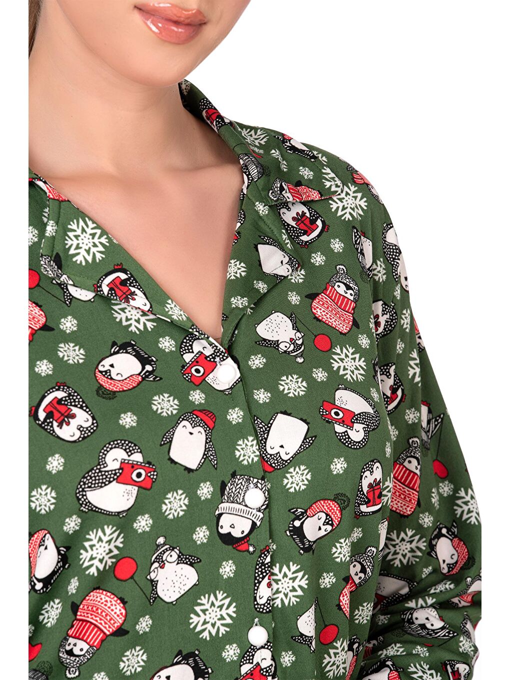 Lizbon Kumaş İçi Şardonlu Yeşil Kış Desenli Önden Düğmeli Kadın Pijama Takımı-1