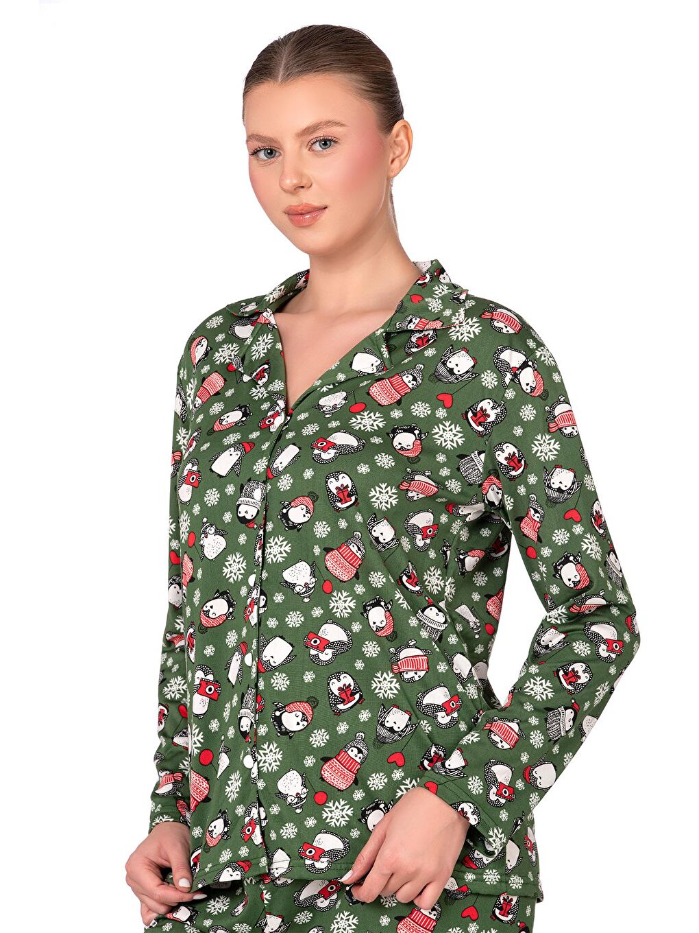 Lizbon Kumaş İçi Şardonlu Yeşil Kış Desenli Önden Düğmeli Kadın Pijama Takımı-2