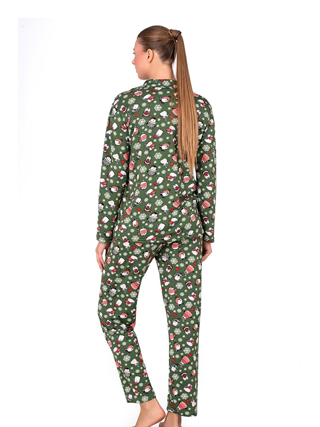 Lizbon Kumaş İçi Şardonlu Yeşil Kış Desenli Önden Düğmeli Kadın Pijama Takımı-3