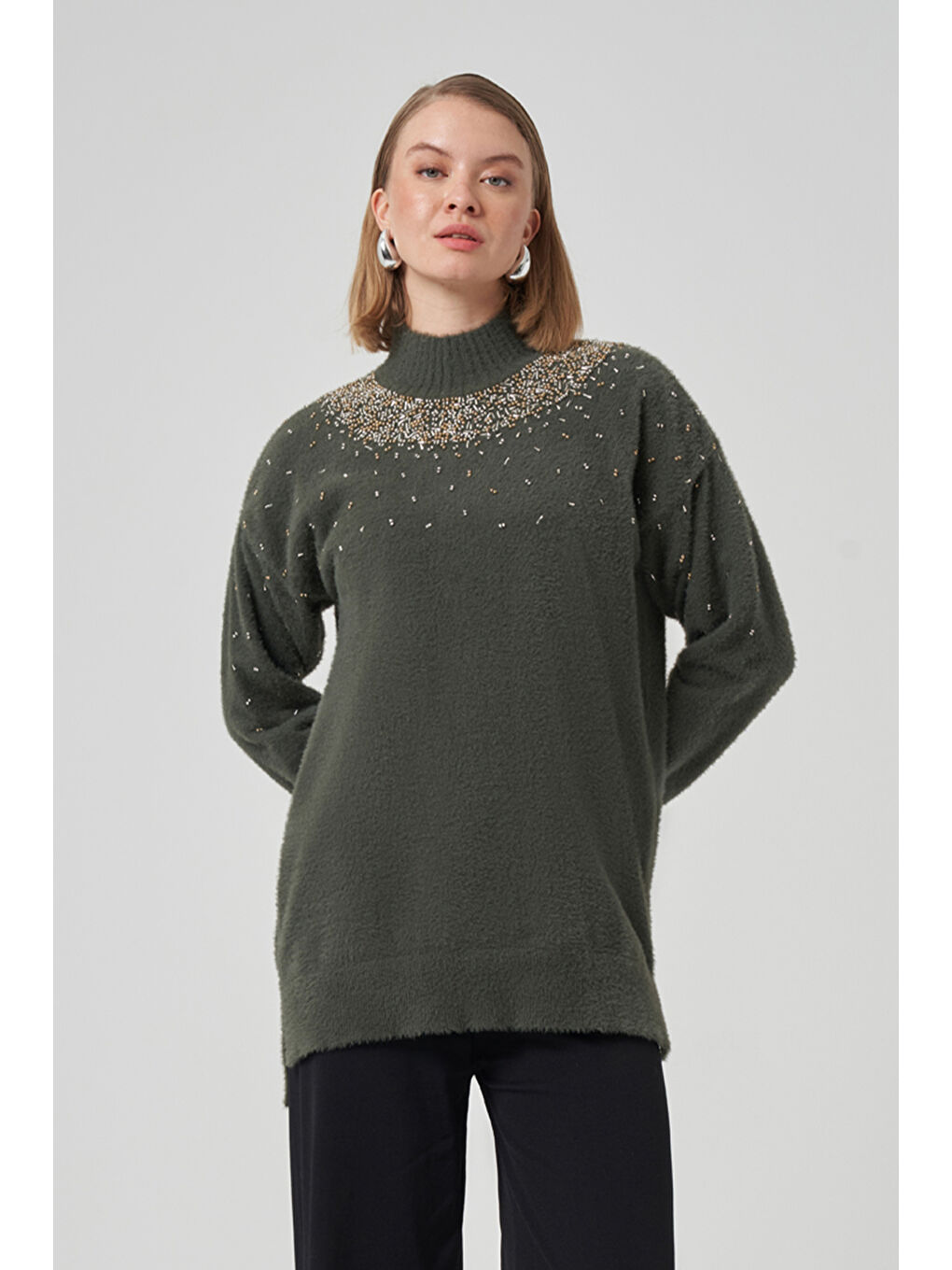 Boncuk İşlemeli Angora Kazak 7003 Haki-1